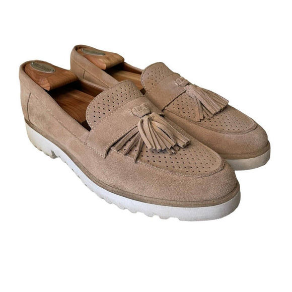Franco Sarto Tassel Loafers Womens Size 11 Beige Suede Leather Shoes Slip On - Picture 1 of 9